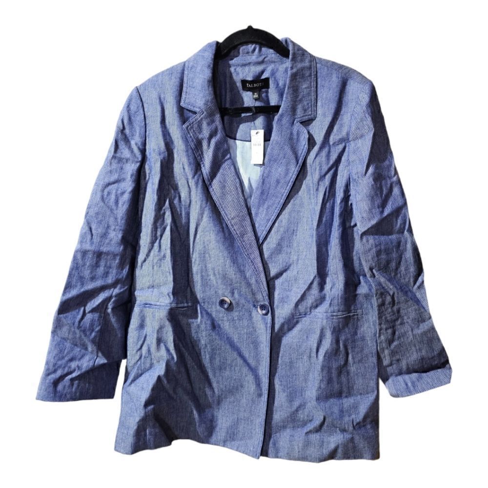 TALBOTS Blue Chambray‎ Linen Cotton Double Breasted Jacket NWT - Size 16